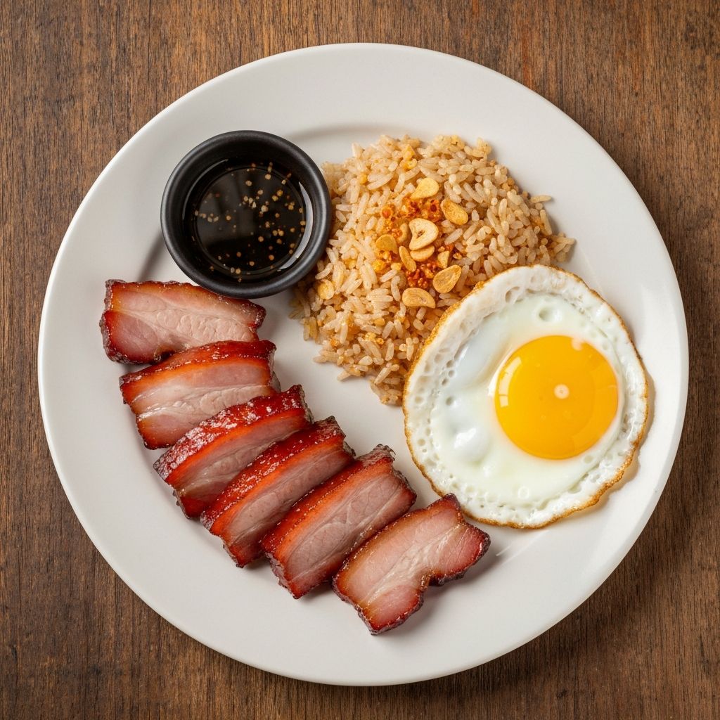 Filipino breakfast tocilog plate with sweet cured pork tocino, garlic rice, and fried egg at Quickly Benicia